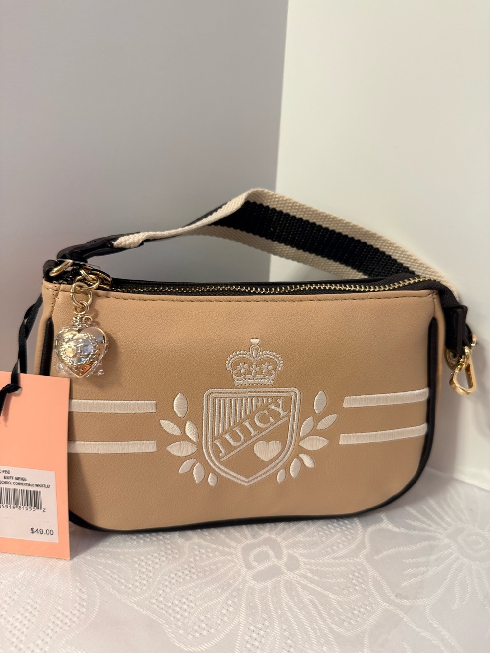 Juicy Couture Tan Embroidered Shoulder Bag with Striped Strap